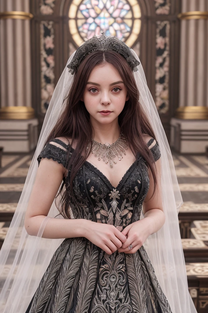 tv_Pure_Kitty_PS_V1, , clever expression, wearing an ornate wedding dress, elegant makeup, pink lips, standing by the altar, ornately detailed glass mosaic in the background, full body shot, , (((relaxed))), "epic-Ultra-HD-details", "epic-Ultra-HD-highlights", detailed skin, pores,