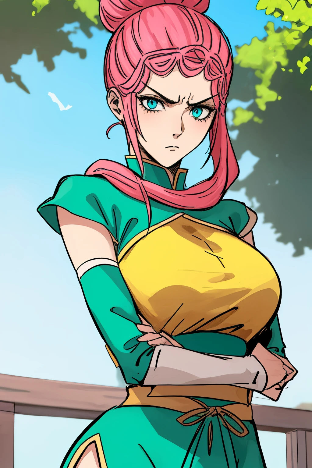 ((masterpiece, best quality)), 1girl, longyuyin, long hair, pink hair, ponytail, single hair bun, blue eyes, breasts, aqua dress, green sash, white arm warmers, arms crossed under breasts, upper body, contempt, disdain, outdoors