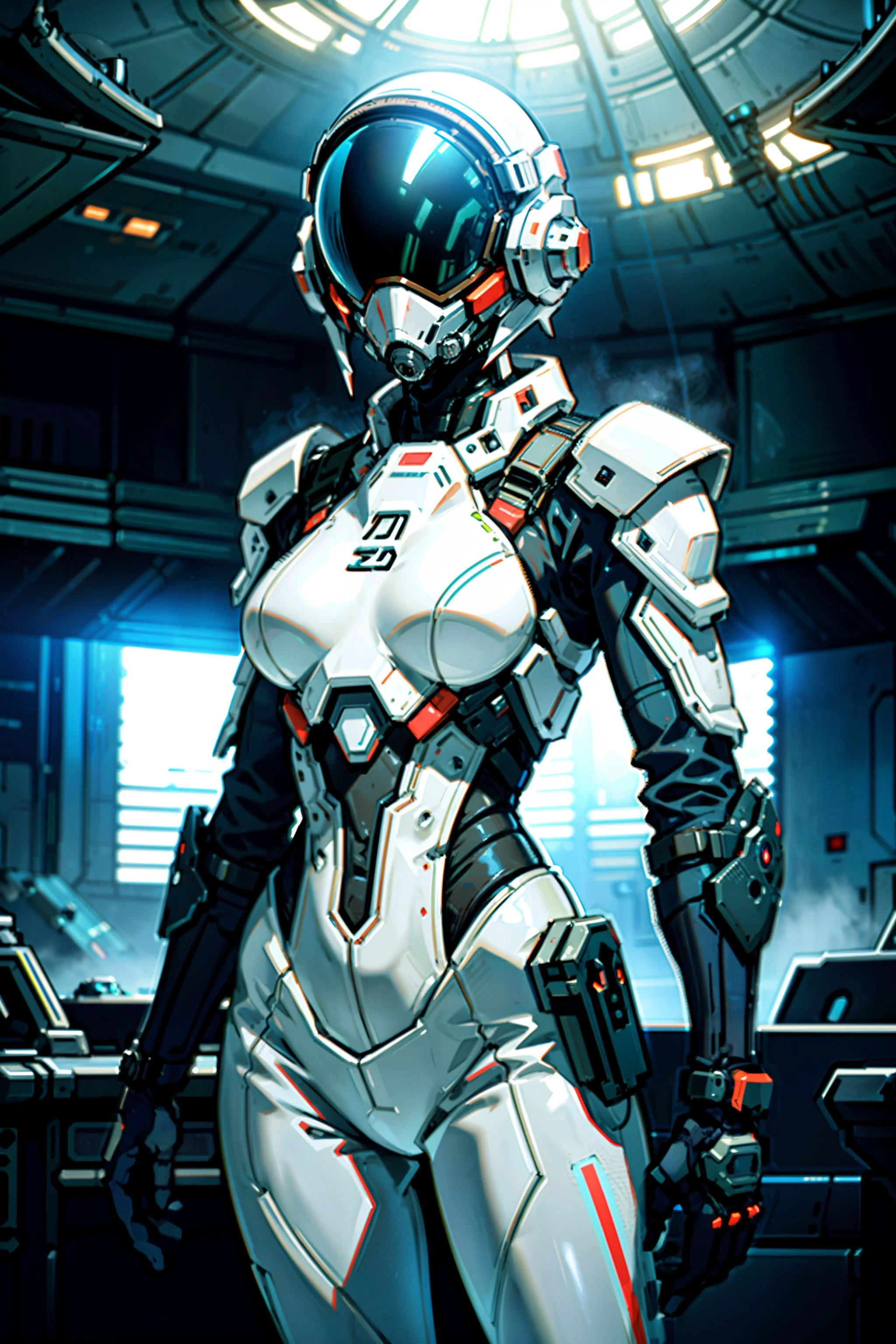 best quality, armed female figure in a white sci-fi suit (tight jumpsuit), at the spaceport, against the background of a sci-fi ship taking off, overcast, mask, sci-fi visor, sci-fi lens, sci-fi respirator, plate armor, isolated armor, third-person view from below, lots of fine detail, sci-fi movie style, photography, natural textures, natural light, natural blur, photorealism, cinematic rendering, ray tracing, highest quality, highest detail, Cinematic, Blur Effect, Long Exposure, 8K, Ultra-HD, Natural Lighting, Moody Lighting, Cinematic Lighting