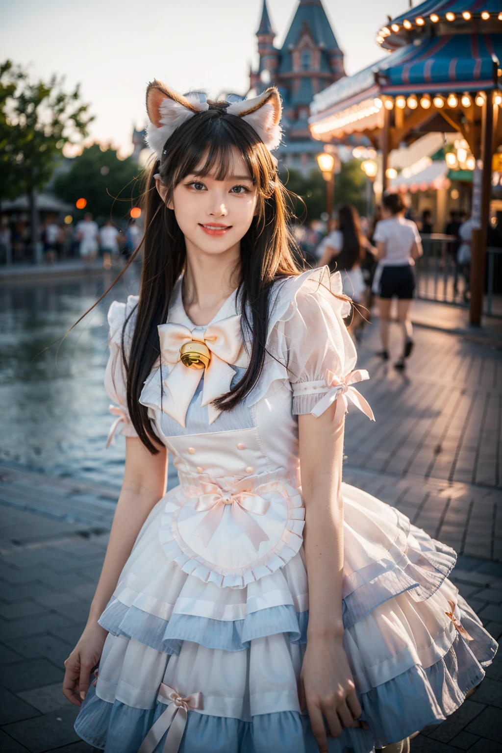 best quality, masterpiece, realistic, photorealistic, 1girl, solo, looking at viewer, smile, long black hair, bangs, standing, cowboy shot, cyb dress, puffy short sleeves, bow, bell, animal ears, amusement park, people, detailed background, <lora:sweet_attire_style4_v1:0.7>