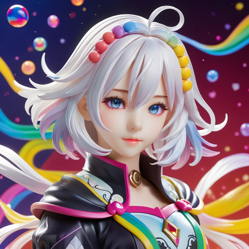 <lora:PVC:1>ï¼PVC figure,rendering, (((masterpiece))),(((best quality))),((ultra-detailed)),(dynamic angle), ((floating)),(paint),((disheveled hair)), (solo),(1girl), l(((detailed anima face))),((beautiful detailed face)),collar,bare shoulders, white hair, ((colorful hair)),((streaked hair)), beautiful detailed eyes,(Gradient color eyes),(((colorful eyes))),closed-up, (((colorful background))),(((high saturation))),(((surrounded by colorful splashes))),(((surrounded by colorful dot))),colorful bubble,((shining)) , ((young,little girl,cute,little girl face))