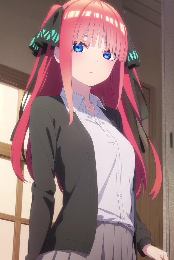 ninonakano, <lora:nino nakano s2-lora-nochekaiser:1>, 
nino nakano, long hair, bangs, blue eyes, hair ornament, hair ribbon, pink hair, blunt bangs, two side up, butterfly hair ornament,
BREAK skirt, shirt, long sleeves, white shirt, pleated skirt, open clothes, collared shirt, sleeves past wrists, dress shirt, cardigan, green skirt, open cardigan, black cardigan,
BREAK indoors, classroom,
BREAK looking at viewer,
BREAK <lyco:GoodHands-beta2:1>, (masterpiece:1.2), best quality, high resolution, unity 8k wallpaper, (illustration:0.8), (beautiful detailed eyes:1.6), extremely detailed face, perfect lighting, extremely detailed CG, (perfect hands, perfect anatomy),