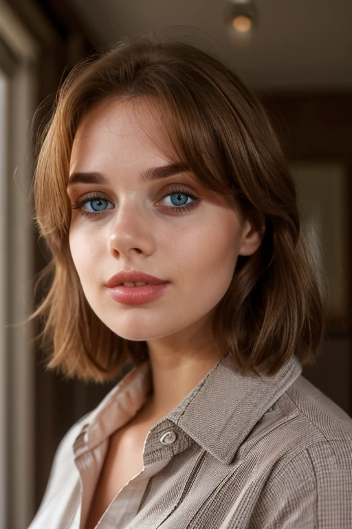 k31r4, looking at viewer, portrait, brown hair, medium hair, shirt, facing viewer, lips apart, simple background, <lora:k31r4-16:1>, epiCPhoto