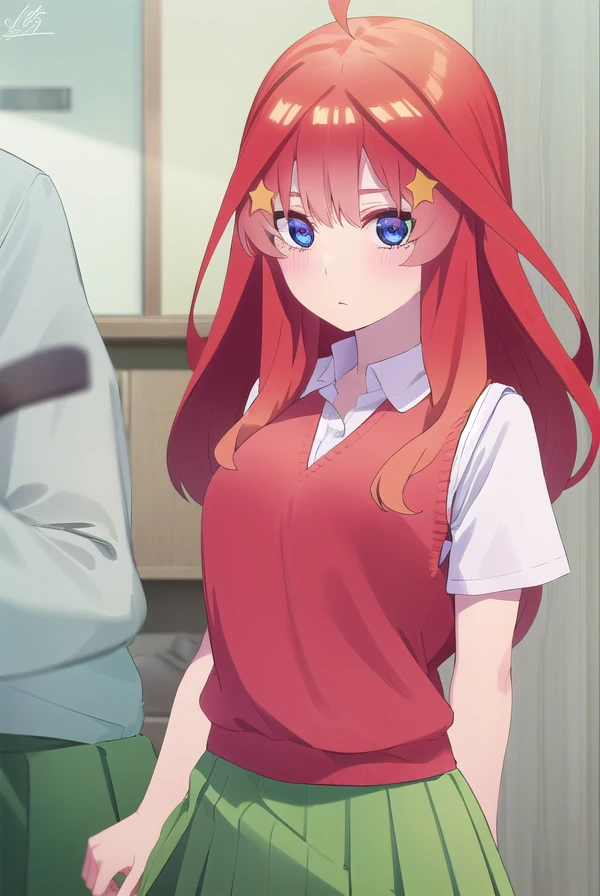 itsukinakano, <lora:itsuki nakano s2-lora-nochekaiser:1>,
itsuki nakano, bangs, blue eyes, hair between eyes, ahoge, red hair, star \(symbol\), hair ornament, star hair ornament,
BREAK skirt, shirt, school uniform, collarbone, white shirt, short sleeves, pleated skirt, socks, collared shirt, miniskirt, kneehighs, white socks, (green skirt:1.5), sweater vest, (red sweater vest:1.5),
BREAK indoors, classroom,
BREAK looking at viewer, (cowboy shot:1.5),
BREAK <lyco:GoodHands-beta2:1>, (masterpiece:1.2), best quality, high resolution, unity 8k wallpaper, (illustration:0.8), (beautiful detailed eyes:1.6), extremely detailed face, perfect lighting, extremely detailed CG, (perfect hands, perfect anatomy),