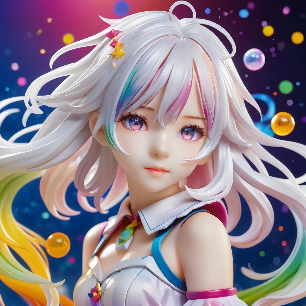 <lora:PVC:1>ï¼PVC figure,rendering, (((masterpiece))),(((best quality))),((ultra-detailed)),(dynamic angle), ((floating)),(paint),((disheveled hair)), (solo),(1girl), l(((detailed anima face))),((beautiful detailed face)),collar,bare shoulders, white hair, ((colorful hair)),((streaked hair)), beautiful detailed eyes,(Gradient color eyes),(((colorful eyes))),closed-up, (((colorful background))),(((high saturation))),(((surrounded by colorful splashes))),(((surrounded by colorful dot))),colorful bubble,((shining)) , ((young,little girl,cute,little girl face))