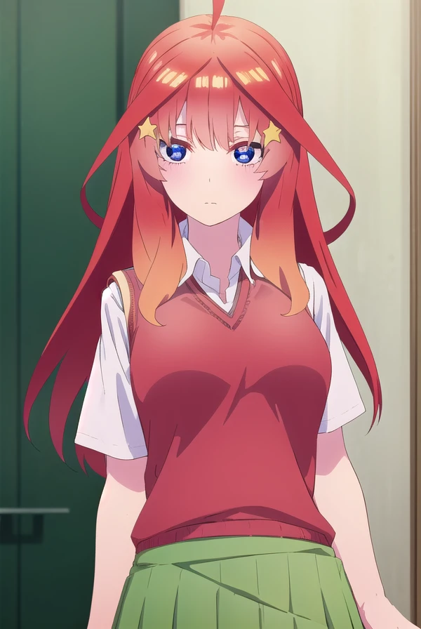 itsukinakano, <lora:itsuki nakano s2-lora-nochekaiser:1>,
itsuki nakano, bangs, blue eyes, hair between eyes, ahoge, red hair, star \(symbol\), hair ornament, star hair ornament,
BREAK skirt, shirt, school uniform, collarbone, white shirt, short sleeves, pleated skirt, socks, collared shirt, miniskirt, kneehighs, white socks, (green skirt:1.5), sweater vest, (red sweater vest:1.5),
BREAK indoors, classroom,
BREAK looking at viewer, (cowboy shot:1.5),
BREAK <lyco:GoodHands-beta2:1>, (masterpiece:1.2), best quality, high resolution, unity 8k wallpaper, (illustration:0.8), (beautiful detailed eyes:1.6), extremely detailed face, perfect lighting, extremely detailed CG, (perfect hands, perfect anatomy),