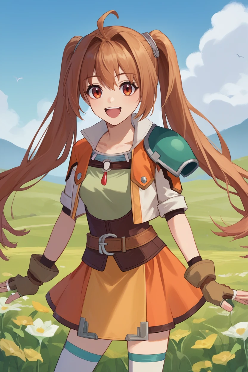 score_9, score_8_up, source_7_up, source_anime, BREAK 1girl <lora:estelle-pdxl-nvwls-v1:1> scEstelle, twintails, cropped jacket, orange and white jacket, green shoulder pad, tan shirt, orange skirt, belt, white thighhighs, brown gloves, looking at viewer, hill, field, flower, blue sky, looking at you, happy, standing, wide shot