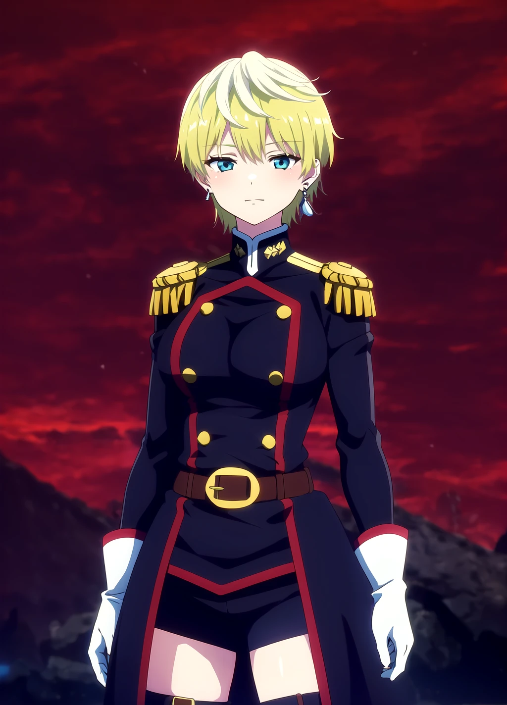 Tenka Izumo, 1girl, solo, thighhighs, green hair, earrings, jewelry, gloves, blonde hair, short hair, blue eyes, breasts, large breasts, white gloves, shorts, uniform, belt, epaulettes, green hair, looking at viewer, coat, thigh boots,  <lora:Tenka Izumo anylora14r29r-000006:0.7>, outdoors, red sky, masterpiece, best quality, highres,