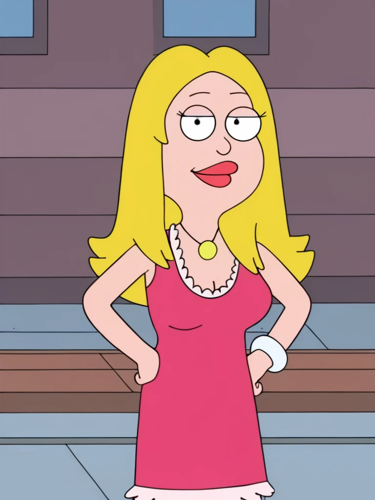 <lora:francinePony:1> francine, blonde hair, 1girl, long hair, white braclet, breasts, solo, necklace, cleavage, dress, pink dress,looking at viewer, hand on own hip,