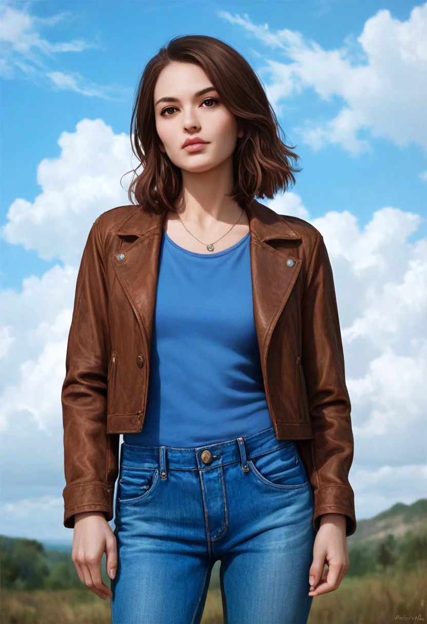 cheerful flirtatious woman, jeans, intense stare, short hair