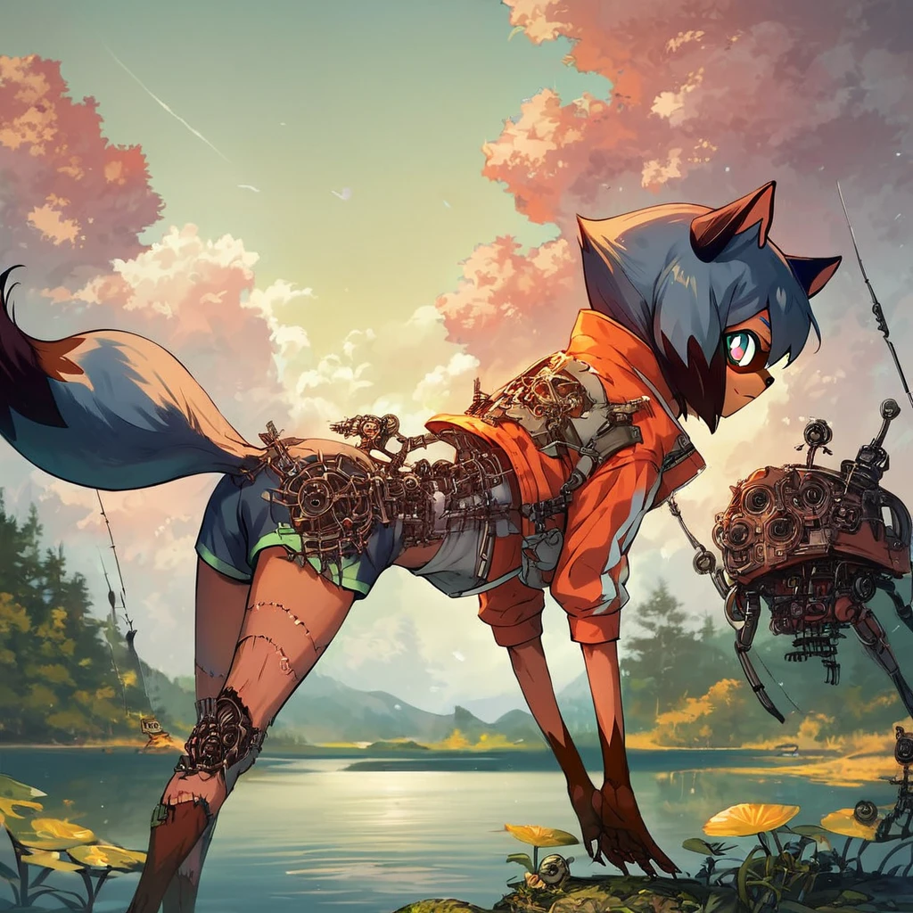 score_9, score_8_up, score_7_up, score_6_up, score_5_up, score_4_up,  source_anime, AKDTFLPD, kagemori michiru, feral, pose2, solo, stitches, blades, looking at viewer, detailed, lake, daring,mind-bending,  <lora:certaintyofsteel-000006:1>