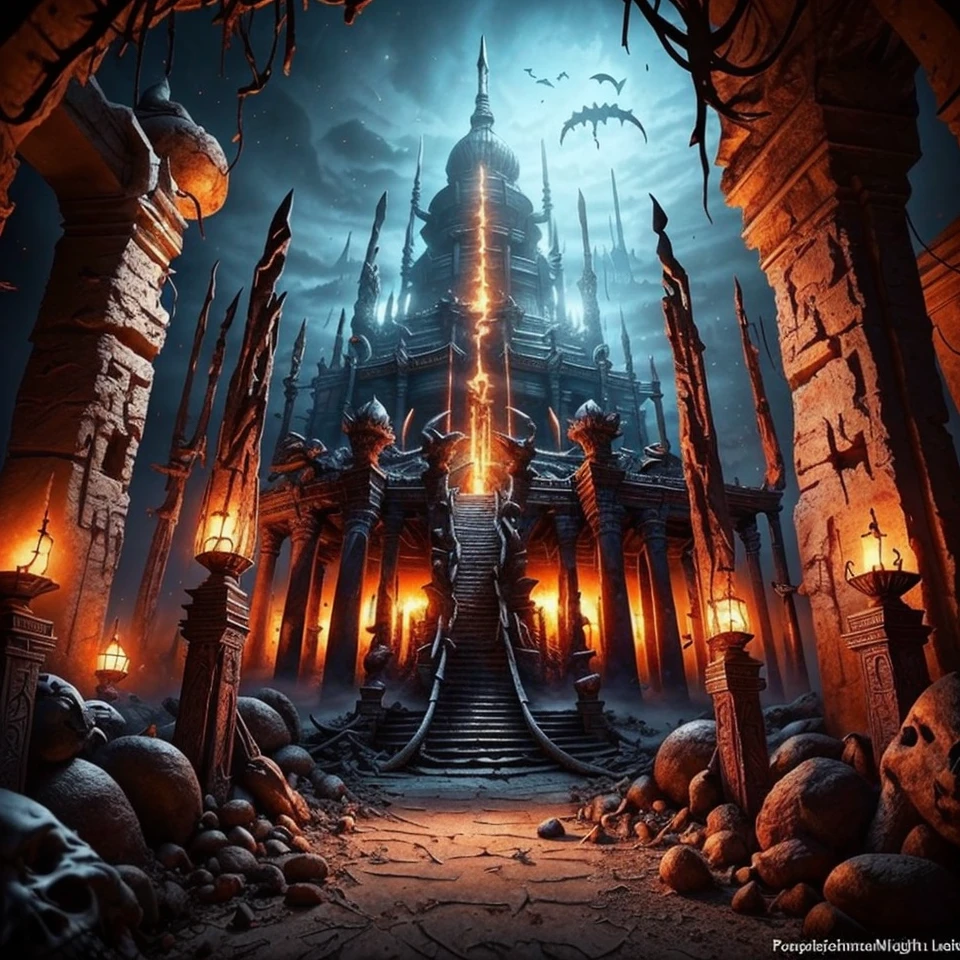 (anime, dark fantasy: 1.5, throne: 1.5),(best quality, highres, HDR:1.2), vibrant colors, dangerous atmosphere, ((goblin king throne)), ((goblin lair: 1.5)), ((cave)), ((totem, tribal, skull everywhere)), dark :1.4, general shot,