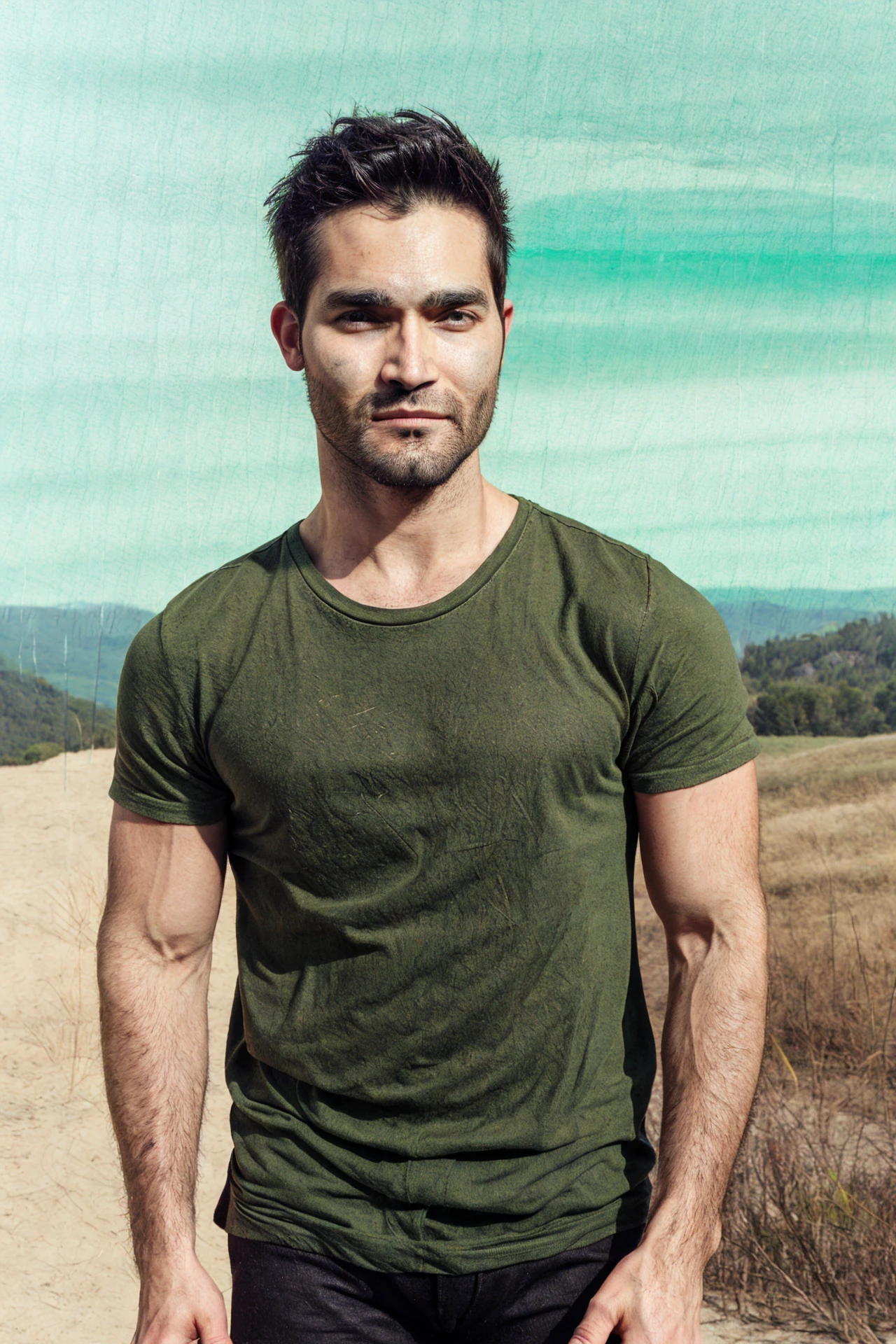 tyler hoechlin, upper body, quiff, stubble, looking at viewer, black t-shirt, green pants, outdoors <lora:tyler_hoechlin_37-000024:1>