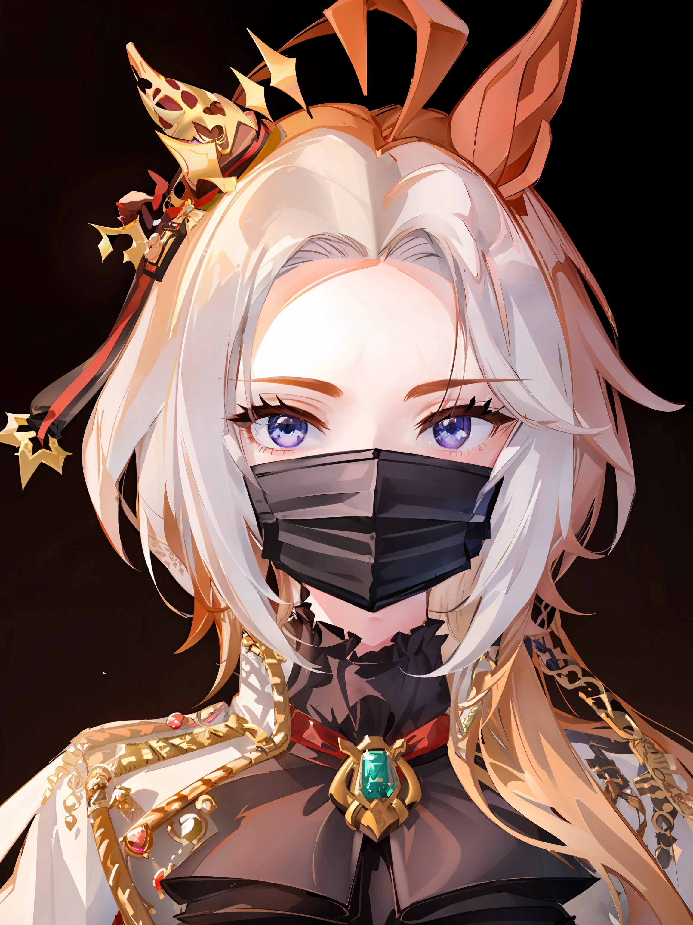orfevre \(umamusume\), 1girl, solo, purple eyes, animal ears, white background, looking at viewer, portrait, brown hair, simple background, mouth mask, mask, streaked hair, aiguillette, crown, original, intricate detail, illustration, masterpiece, extremely detailed CG unity 8k wallpaper, highlight, sharpening, dynamic, <lora:Orfevre:0.8>,