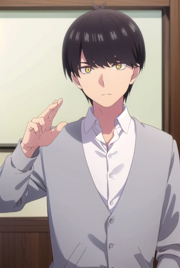 fuutarouuesugi, <lora:fuutarou uesugi s2-lora-nochekaiser:1>,
fuutarou uesugi, black hair, (yellow eyes:1.3), male focus,
BREAK shirt, white shirt, collared shirt, cardigan, pants,
BREAK indoors, classroom,
BREAK looking at viewer, dynamic pose, cowboy shot,
BREAK <lyco:GoodHands-beta2:1>, (masterpiece:1.2), best quality, high resolution, unity 8k wallpaper, (illustration:0.8), (beautiful detailed eyes:1.6), extremely detailed face, perfect lighting, extremely detailed CG, (perfect hands, perfect anatomy),