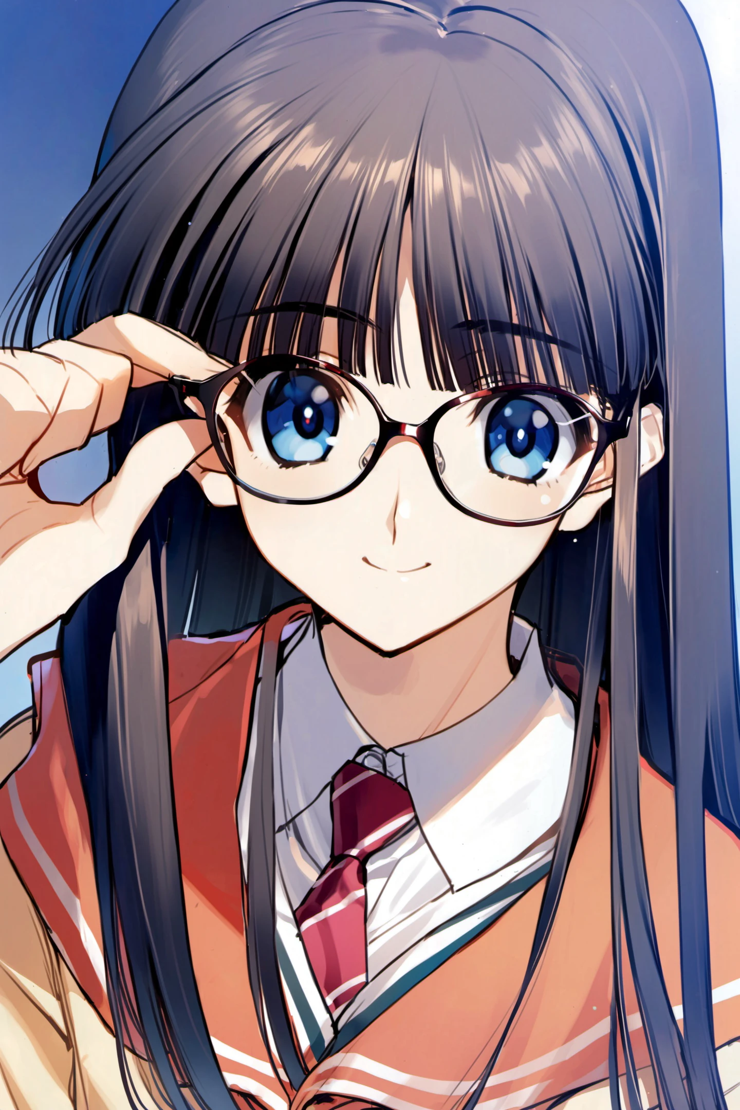 Takeshi Nakamura style,solo,1girl,glasses,blue eyes,black hair,hime cut,bangs,red necktie,long hair,school uniform,adjusting eyewear,desk,smile,school desky shot,upper body,simple background,<lora:Leaf_XL:0.9>,