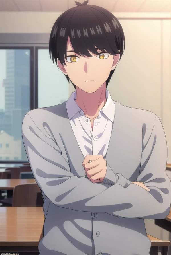 fuutarouuesugi, <lora:fuutarou uesugi s2-lora-nochekaiser:1>,
fuutarou uesugi, black hair, (yellow eyes:1.3), male focus,
BREAK shirt, white shirt, collared shirt, cardigan, pants,
BREAK indoors, classroom,
BREAK looking at viewer, dynamic pose, cowboy shot,
BREAK <lyco:GoodHands-beta2:1>, (masterpiece:1.2), best quality, high resolution, unity 8k wallpaper, (illustration:0.8), (beautiful detailed eyes:1.6), extremely detailed face, perfect lighting, extremely detailed CG, (perfect hands, perfect anatomy),