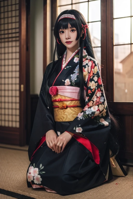 ltra-detailed,highly detailed,best quality,masterpiece,illustration,realistic,photorealistic,
renge, 1girl, solo, 
japanese clothes, kimono, floral print, sash, obi, long sleeves, wide sleeves, 
very long hair,  bangs, straight hair, hair ribbon, hairband, hair ornament, 
seiza, sitting, looking at viewer, 
indoors, on floor, wooden floor, kneeling,
<lora:renge_v2_06:0.9>