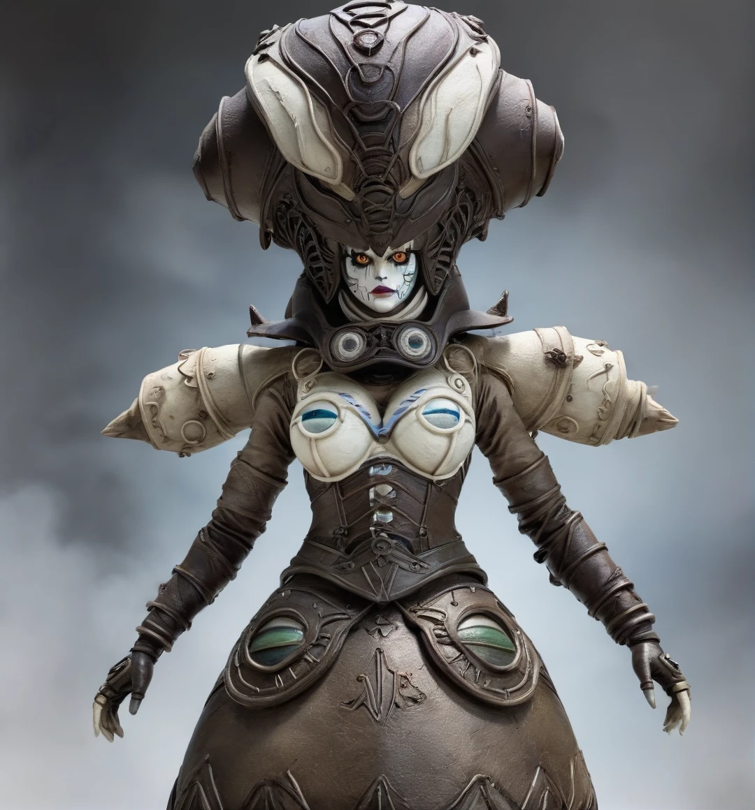 claydollxl. (full body:1.3), perfect anatomy. a woman wearing a dress costume with huge headgear. menacing eyes, <lora:claydollXL:0.8>