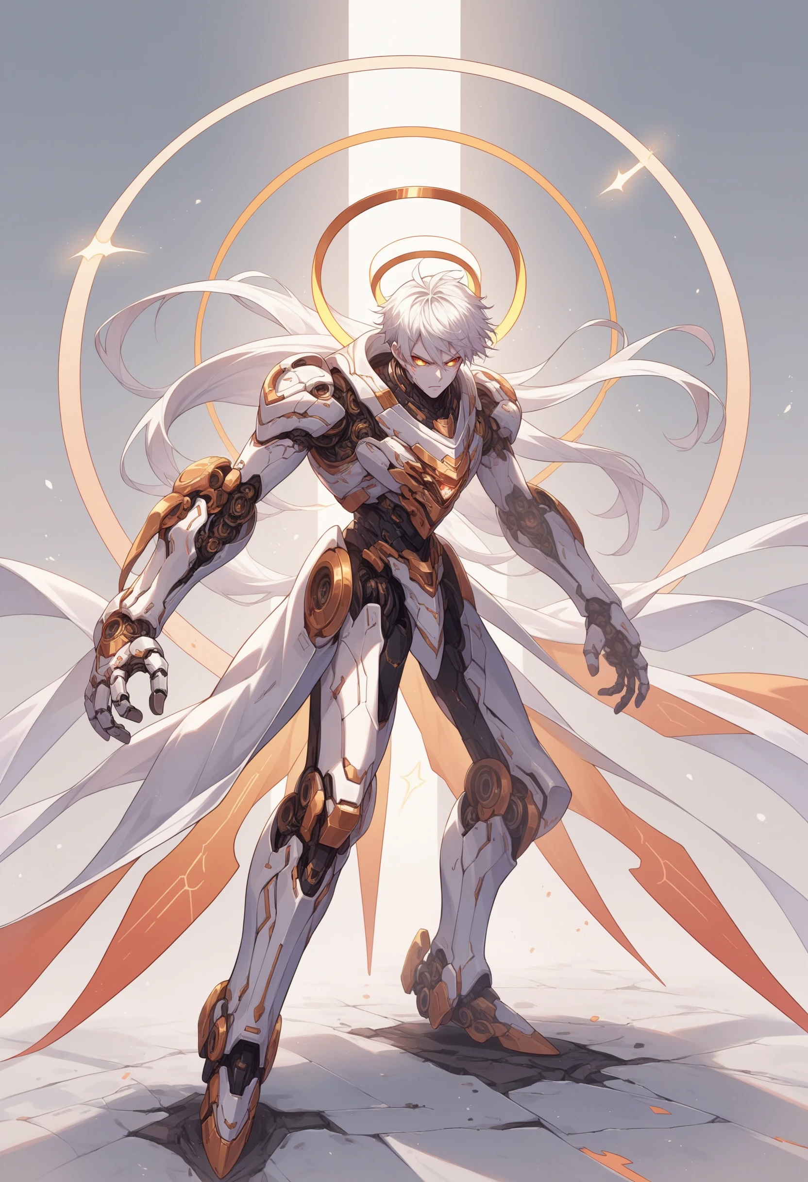 score_9, score_8_up, source_anime,<lora:wrenchsmechsxl-000010:1>,wrenchsmechs, male,white hair, mechanical legs, white skin, white background, mechanical eyes, glowing markings, halo, full-length portrait, action pose,