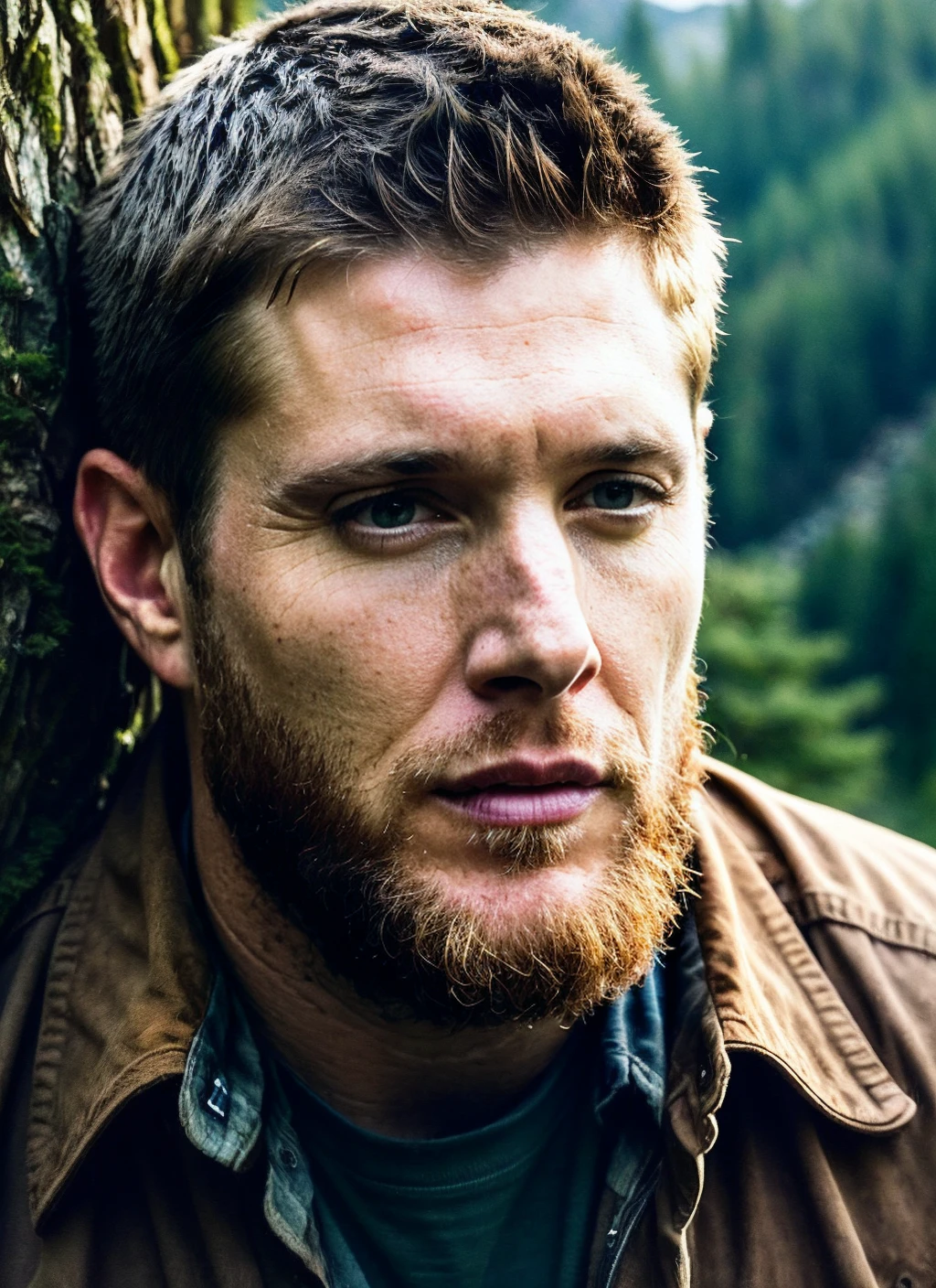 photo of 25 years  sks person, natural lighting <lora:skin_slider_v2_1_FACE:0.3> <lora:add_detail:0.7>,  epiCPhoto, <lora:locon_jensenackles_v1_from_v1_64_32:1>, man, rugged outdoors style, digital painting of a bold lumberjack chopping wood in a dense forest, majestic mountain backdrop, axe-wielding man, 4k resolution, detailed natural surroundings, determined gaze and eyes, (wilderness eyes) <lora:epiNoiseoffset_v2:1>, Wilderness Art created on a Wacom Intuos Pro of a [Brave:1.3] Strong (lumberjack) in a [Powerful Pose:1.4], Natural Lighting. Eisner Award Winner, Horizontal image, (Weathered Features), (Wilderness Eyes), Earthy Tones, Art by [Marc Simonetti], Wood Splinters, (Intricate), ((mountain backdrop))