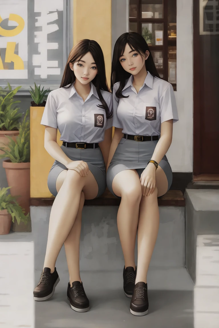 (((Ultra-HD-quality-details))) , two women, sitting, outdoor cafe, cewe-sma, from fitting, white shirt, gray skirt, belt, looking at viewer <lora:cewe-sma-2:1>