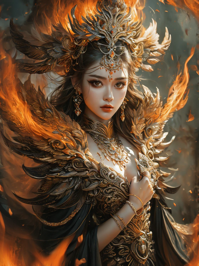 1girl,solo,long hair,looking at viewer,hair ornament,brown eyes,jewelry,upper body,earrings,bracelet,lips,ring,fire,<lora:Johoçç:0.9>,, masterpiece, best quality,