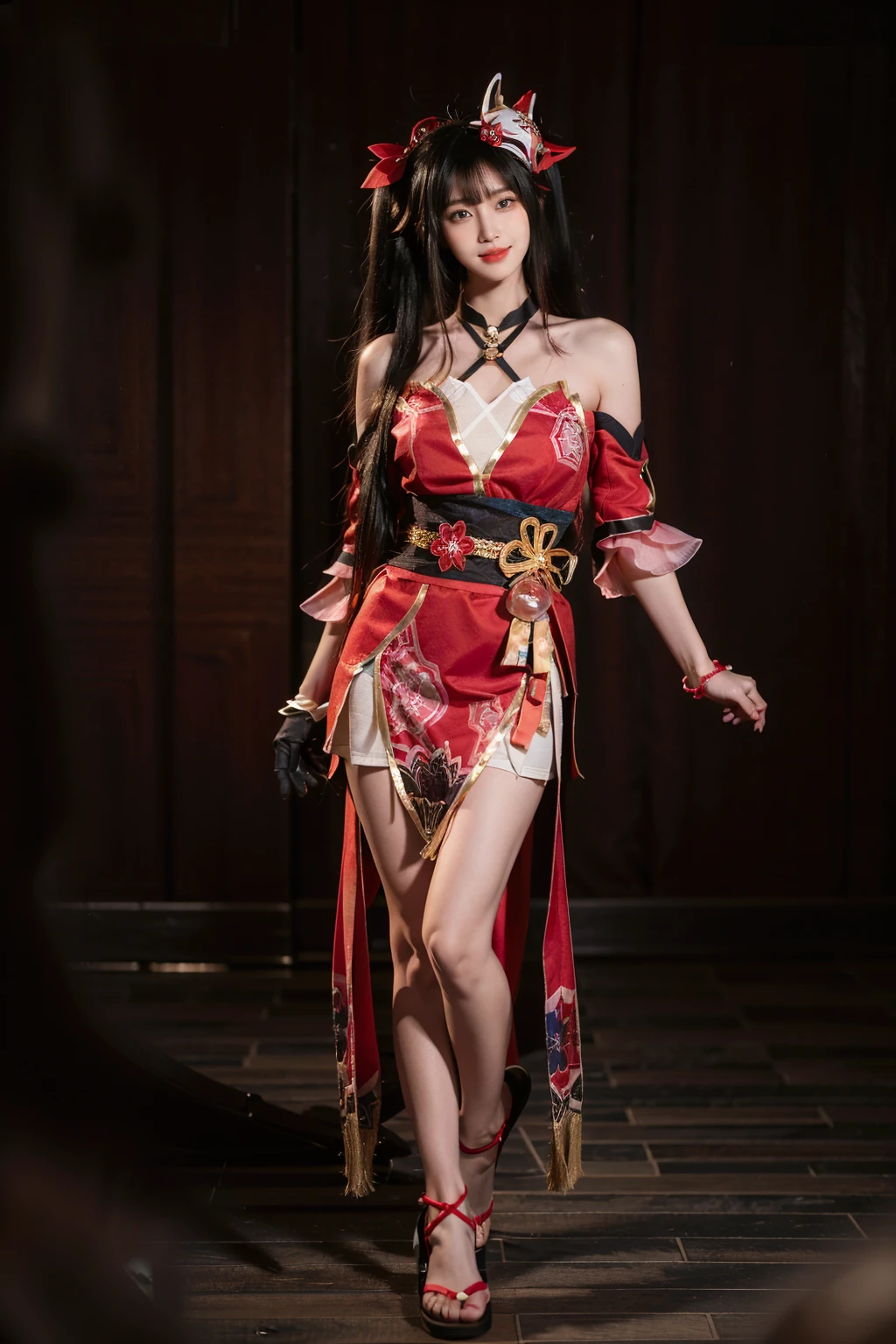 best quality, masterpiece, realistic, photorealistic, 1girl, solo, looking at viewer, smile, long black hair, bangs, arms behind back, standing, full body, sparkle cosplay costume, cosplay, twintails, dress, detached sleeves, bell, single glove, hair ornament, bare shoulders, sandals, fox mask, mask on head, simple background, <lora:Honkai_StarRail_Sparkle_costplay_costume_v1:0.7>