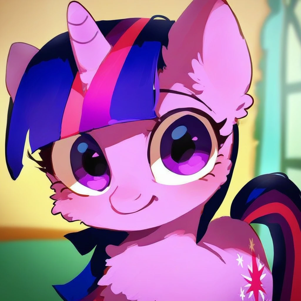 Twilight Sparkle, female, pony, ponytail, black glasses, very Shaggy fur, very soft fur, evil smug smile, in the living room