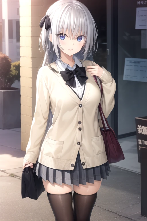 ((masterpiece)),(best quality),official art,extremely detailed CG,unity 8k wallpaper,ultra detailed,beautiful detailed eyes,extremely detailed face,park,1girl,solo,cowboy shot,looking at viewer,facing viewer,smile,Elektrichka Sapsan,very long hair,white hair,hair ribbon,black ribbon,bangs,blue eyes,black bowtie,cardigan sweater,beige sweater,collared shirt,white shirt,long sleeves,medium breasts,plaid skirt,pleated skirt,grey skirt,zettai ryouiki,black thighhighs,loafers,<lora:Elektrichka Sapsan(pc)>,