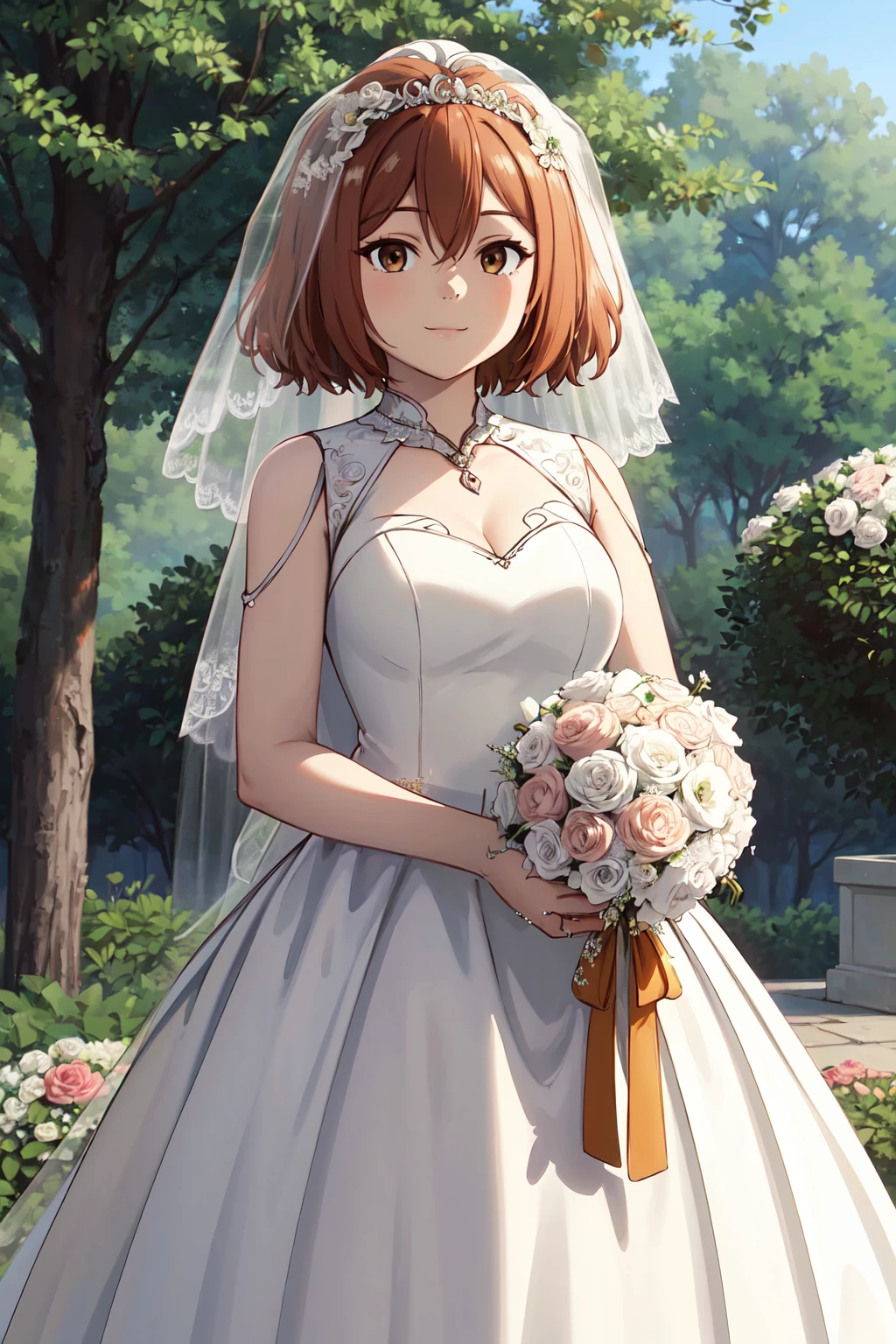 masterpiece,best quality,highres,ultra-detailed,kanne,short hair,two side up,hair between eyes,brown eyes,<lora:kanne:0.7>,(wedding dress:1.4),(veil:1.2),garden,smile,outdoors,standing,cowboy shot,holding bouquet,