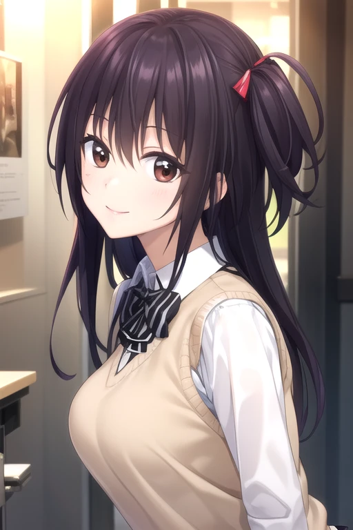 ((masterpiece)),(best quality),official art,extremely detailed CG,unity 8k wallpaper,ultra detailed,beautiful detailed eyes,extremely detailed face,park,1girl,solo,upper body,(portrait:1.5),looking at viewer,facing viewer,smile,Asagiri Nozomi,long hair,purple hair,one side up,sidelocks,bangs,brown eyes,black bow,sweater vest,collared shirt,white shirt,long sleeves,medium breasts,plaid skirt,pleated skirt,black socks,loafers,<lora:Asagiri Nozomi(pc)>,