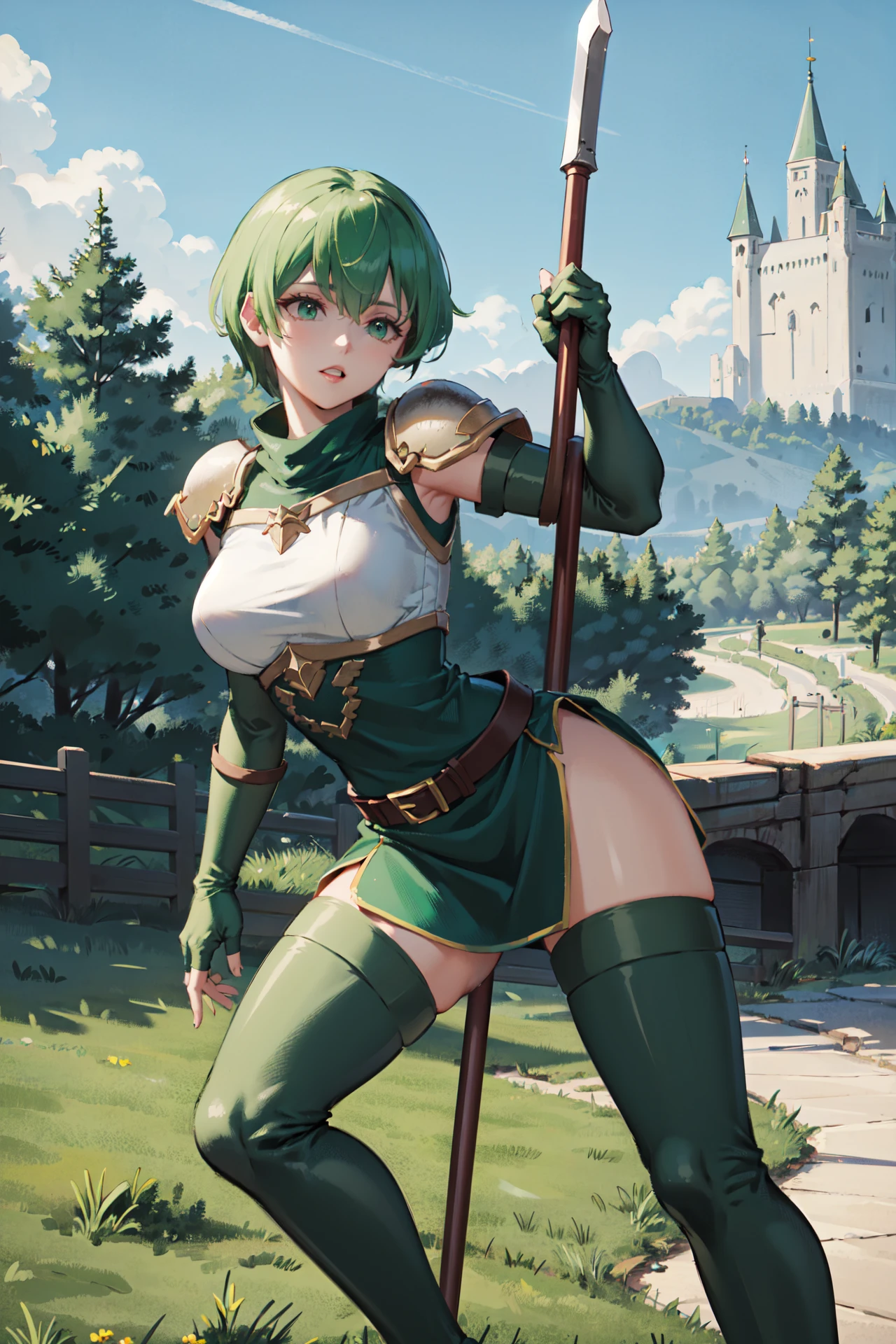 holding polearm,dynamic_pose,<lora:herminaV1-1:0.8>,hermina,green hair,thighs, green thighhighs,green glove,elbow gloves, green footwear,breastplate fingerless gloves, thigh boots, belt, green short dress, zettai ryouiki, shoulder armor,side slit, outdoors,castle, (masterpiece, best quality, ultra-detailed, best shadow)