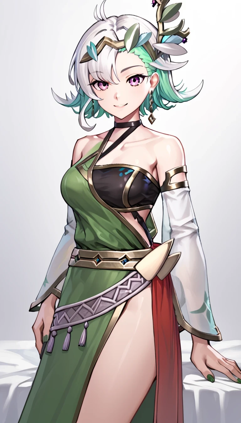 (((masterpiece))),(((best quality))),((ultra-detailed)), ((illustration)),((white background, simple background, )),1girl, solo, , asymmetrical clothes, detached sleeves, jewelry, , short hair, earrings, looking at viewer, dress, standing, multicolored hair, breasts, brown eyes, green hair, , bare shoulders, white hair, green nails, hair ornament, halterneck, <lora:lily-000007:1>,sitting,smile
