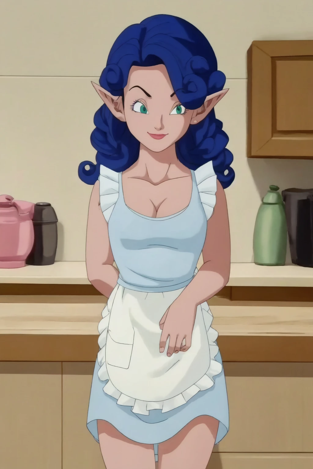 fairy,cowboy shot, 1girl,solo,blue hair,green eyes,small breasts,curly hair,pointy ears,long hair,(light blue short frilly dress:1.1),(waist apron:1.1),light blue shirt, kitchen,closed mouth, smile,(arms at sides),looking at viewer,counter,sink,shelf,cleavage,(best quality, masterpiece) <lora:fairy_v1:1> <lora:inusen_v1:1>
