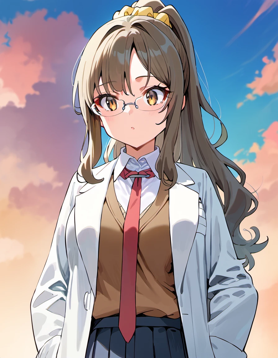score_9, score_8_up, score_7_up,
source_anime,
1girl, solo, blue sky,
frio, long hair, high ponytail, , scrunchie, sidelocks, bangs, brown hair, grey hair, large breasts, rimless eyewear,
school uniform, labcoat, open clothes, white shirt, collared shirt,brown vest, pleated skirt, black skirt, necktie,
<lora:futabario_pony_v1r:0.7>