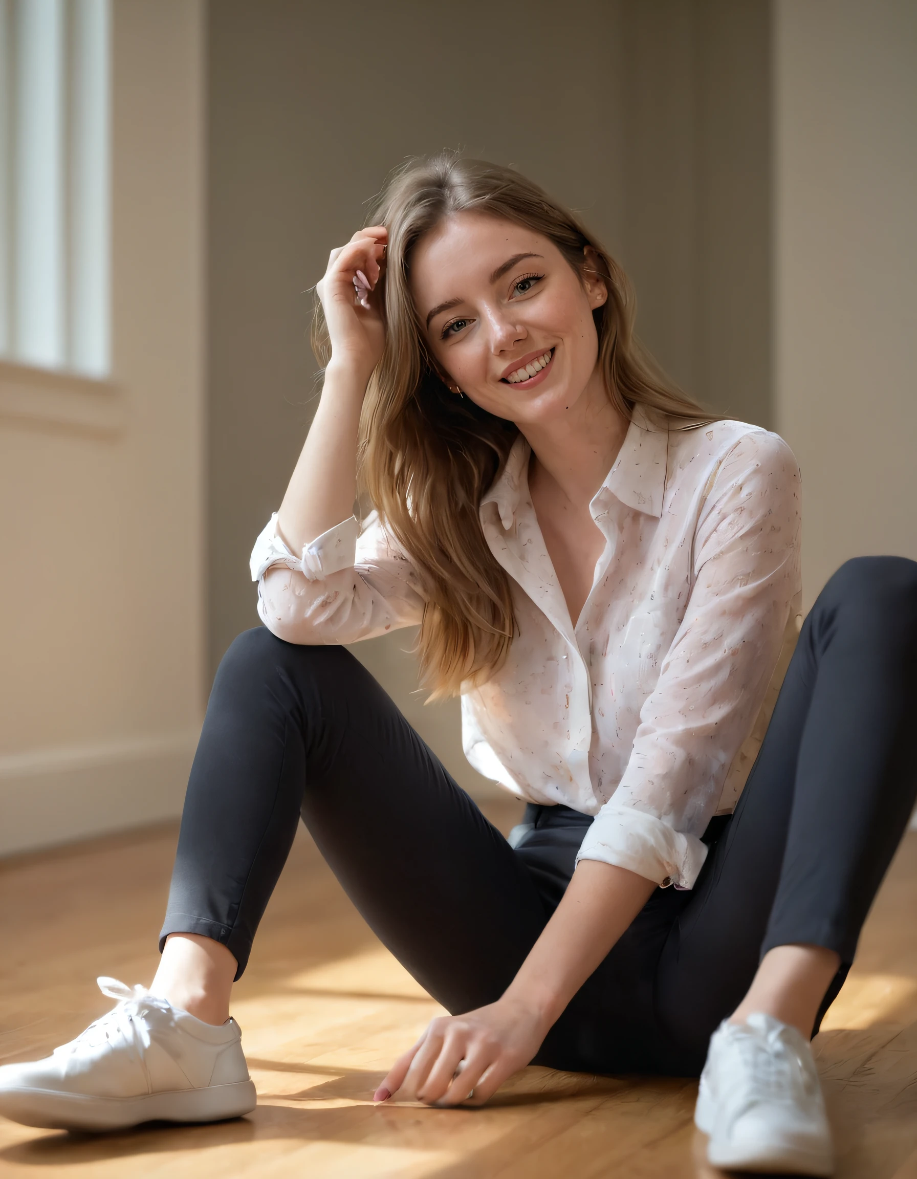 full body,photo of a woman,sitting,happy,shirt,pants,ray tracing,detail shadow,shot on Fujifilm X-T4,85mm f1.2,sharp focus,depth of field,blurry background,bokeh,motion blur. Emma Ruby, a radiant woman dressed in a shirt and pants, sat contentedly on the floor as she studied ray tracing, effortlessly emanating her happiness while being captured by the Fujifilm X-T4. The camera's lens with an 85mm f1.2 was deliberately angled to ensure sharp focus on her face and the intricate detail of the shadow cast upon her legs. Depth of field emphasized the blurry background, creating a gorgeous bokeh effect that seamlessly merged with the motion blur around her body's periphery. <lora:ttumnl18e00edf89du106:1>