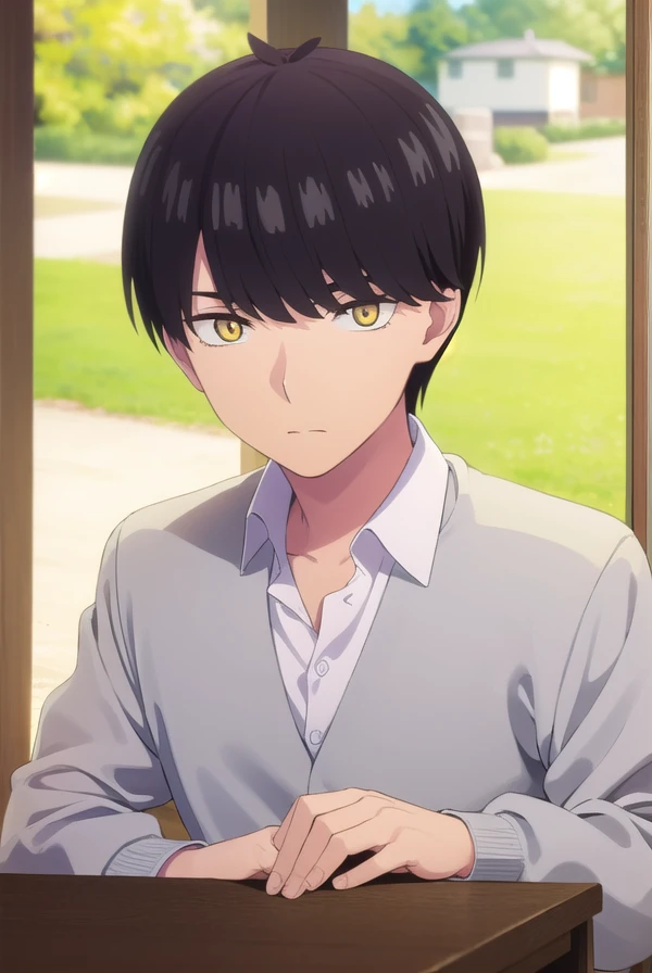 fuutarouuesugi, <lora:fuutarou uesugi s2-lora-nochekaiser:1>,
fuutarou uesugi, black hair, (yellow eyes:1.3), male focus,
BREAK shirt, white shirt, collared shirt, cardigan, pants,
BREAK indoors, classroom,
BREAK looking at viewer, dynamic pose, cowboy shot,
BREAK <lyco:GoodHands-beta2:1>, (masterpiece:1.2), best quality, high resolution, unity 8k wallpaper, (illustration:0.8), (beautiful detailed eyes:1.6), extremely detailed face, perfect lighting, extremely detailed CG, (perfect hands, perfect anatomy),