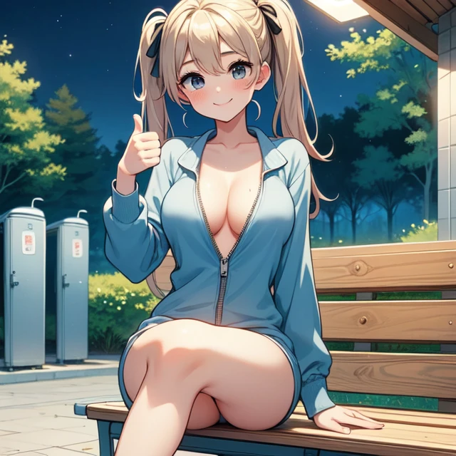 (((masterpiece))), (((best quality))), (((park bench))), (((covering abs))), ((sitting cross-legged)), ((public toilet entrance with restroom sign)), ((thumbs up)), ((half unzipped)), deep-v light blue jumpsuit onesie, confidence smile, trees, outdoor, greenery, solo, 1girl, cleavage, ((big tits)), ribbon, blonde twintails, sweat, shy, blush, slim figure, (((night lights))),<lora:girllikeparkbench:0.8>