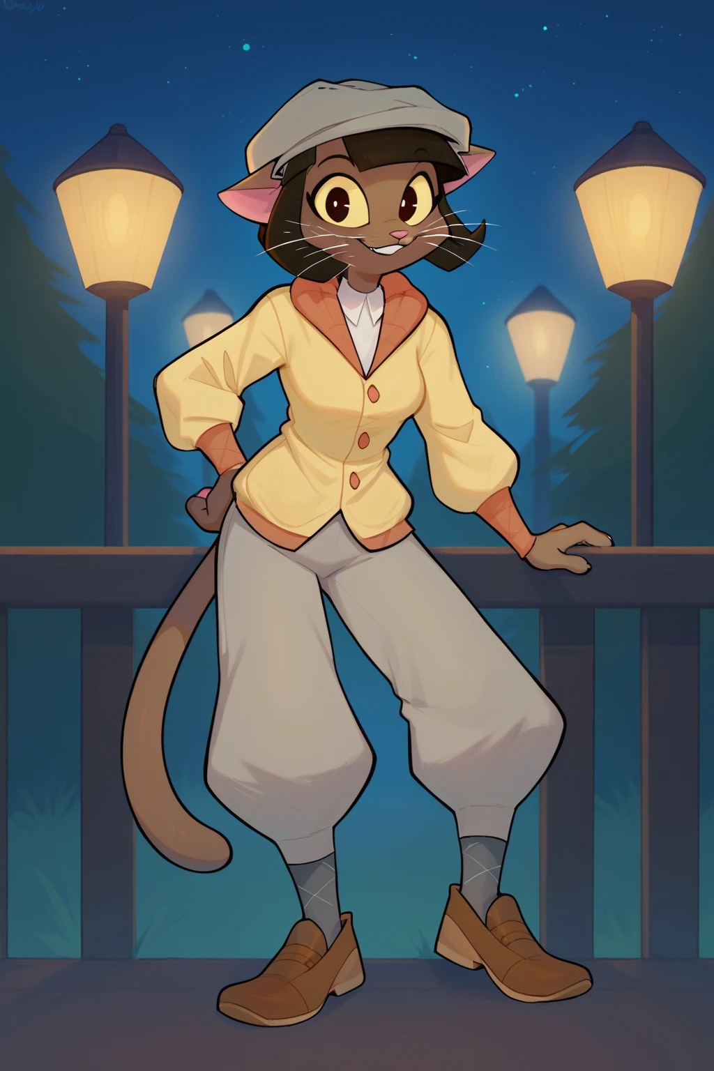 score_9, score_8_up, solo, 1girl, ovypep, cabbie hat, looking at viewer, plaid socks, brown shoes, grey pants, white shirt, yellow cardigan, smile, standing, night, dark, dark skin, anthro cat, whiskers<lora:EMS-313590-EMS:1.000000>