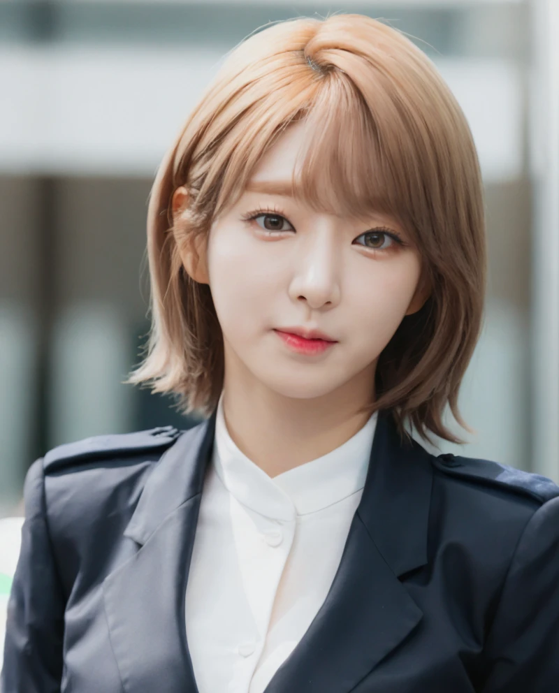 a photography of choa,blonde, realistic, photorealistic, detailed skin, surface scattering, bokeh, skin pores,  <lora:choa:1> wearing a a police uniform ,korean idol