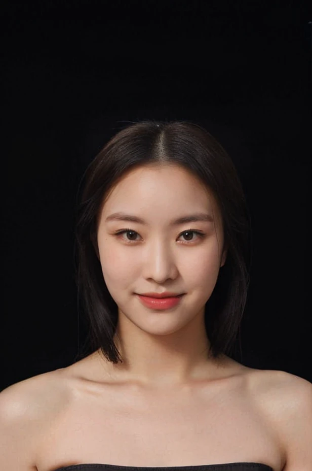 (extremely detailed eyes), (((strapless))), raw photo, 1girl, (looking at viewer), upper body, ((full plain black background:1.3)), (Strapless_tube_top:1.5), bare shoulders, (((bare neck))), bare head, collarbone, (((closed mouth smile))), ((long black hair)), natural skin colour, <lora:mayalorashy:1>