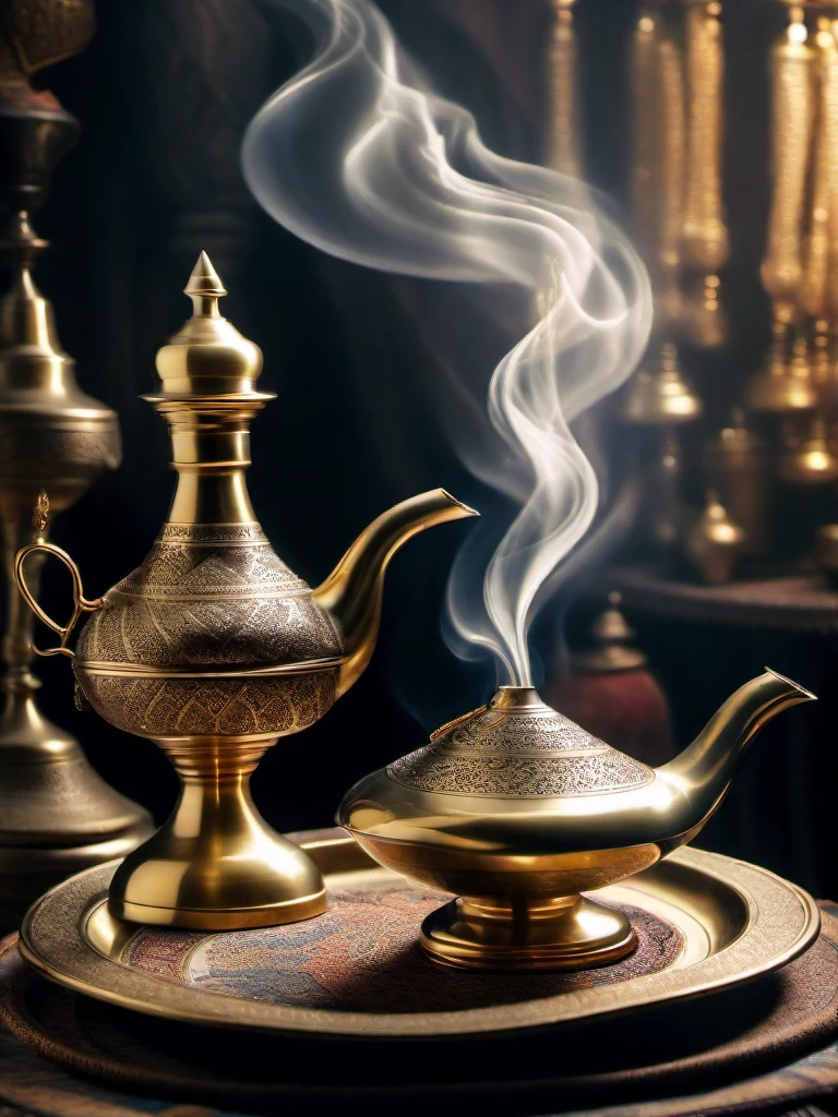<lora:Smoke_XL:1>, Brass Aladdin 1Lamp sealed top, sitting on a table, there is a Persian man in the form of smoke_XL coming from the pour spout