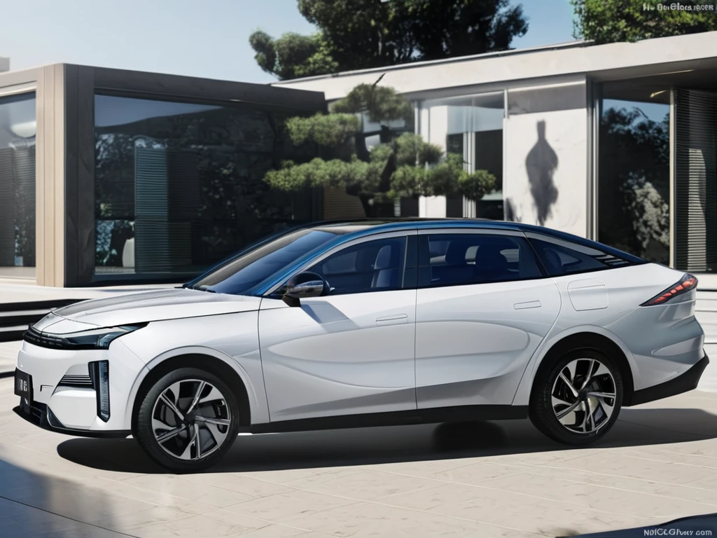 <lora:Geely-L6extrrior:1>,Geely L6,car,front 45 view,white body,outside the house,floor-to-ceiling Windows,simple background,car,vehicle focus,no humans,motor vehicle,ground vehicle,sports car,tree,outdoors,window,