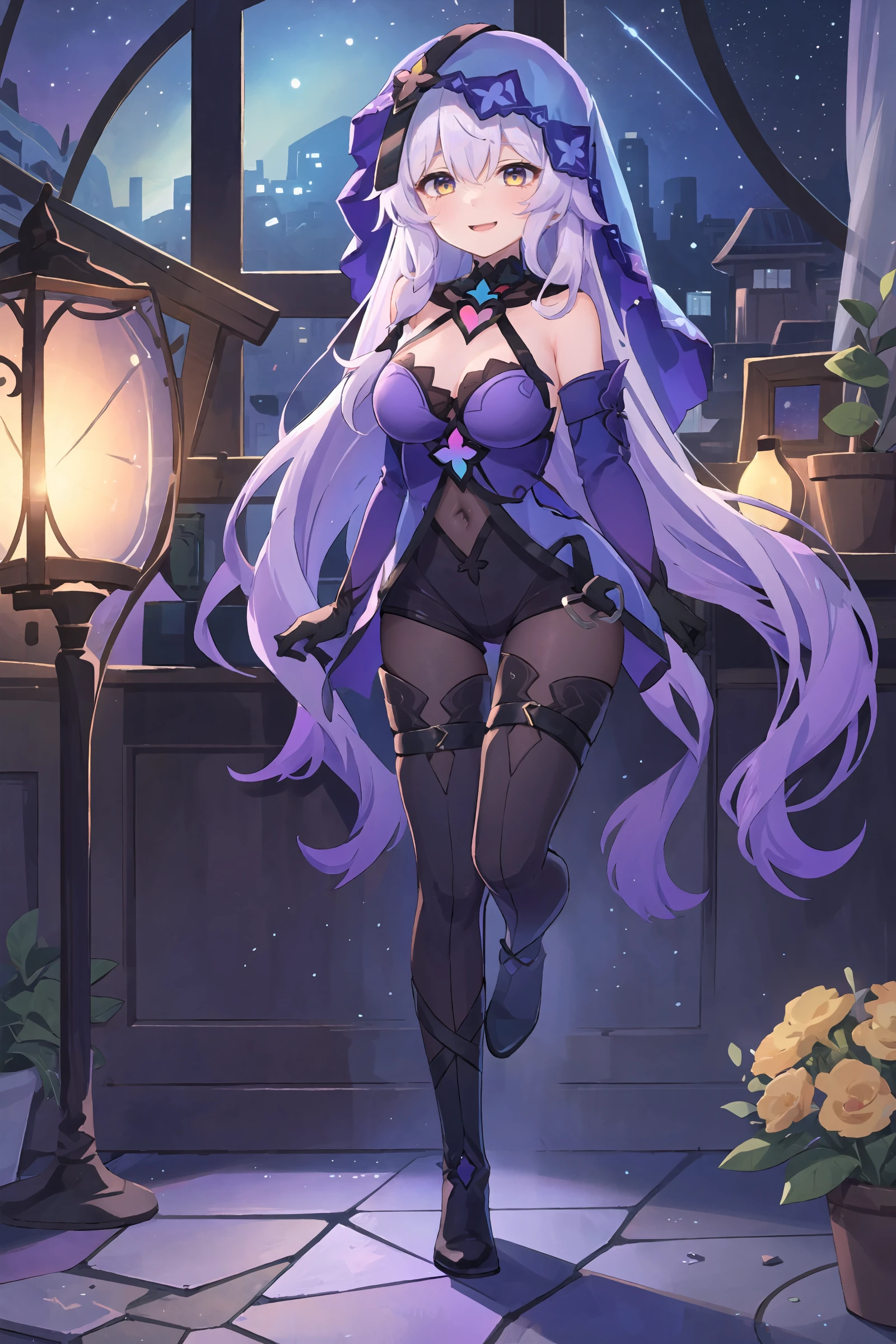 1girl, black swan \(honkai: star rail\), solo, black gloves, veil, thigh boots, detached sleeves, purple halter dress, (pantyhose), short shorts, detached collar, full body, looking at viewer, finger to mouth, looking at viewer, <lora:face-sensualface_type2:0.8>, ecstasy, gasping, smile, open mouth, standing, crescent moon, nebula, starry sky