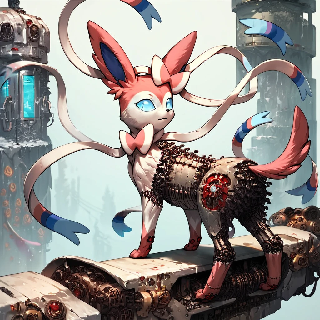 score_9, score_8_up, score_7_up, score_6_up, score_5_up, score_4_up, source_anime, AKDTFLPD, sylveon, feral, pose2, solo, stitches, blades, looking at viewer, detailed, fantasy city, icy,conscious, <lora:certaintyofsteel-000006:1>