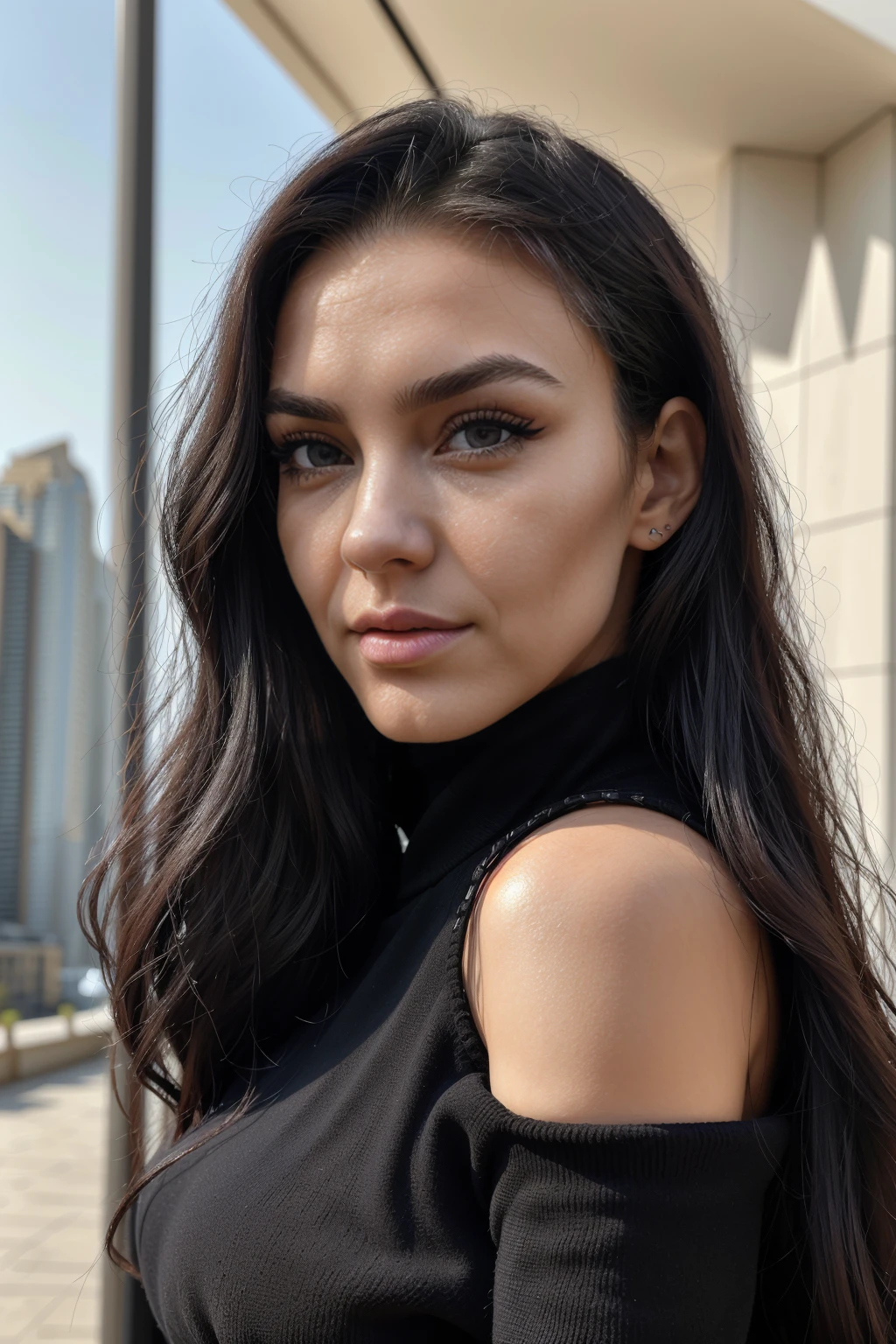 ((headshot, head and shoulders, extremely close)), c1rce_n0texist wearing concealing black, poloneck sweater, arrogant smile, black hair