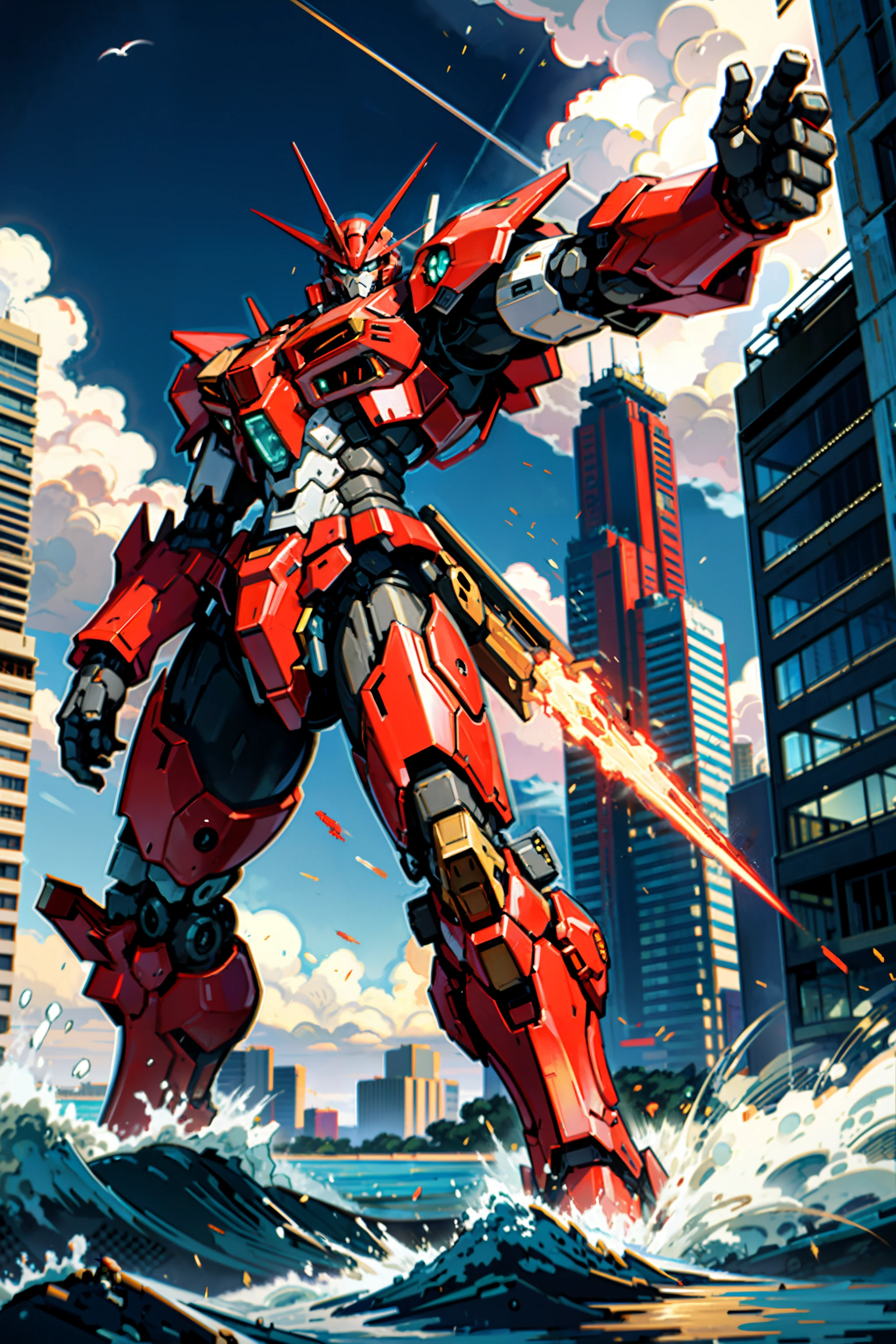 best quality, mecha, red mecha with white lines and golden weapon, fighting pose, city in background, sea, water, kaiju, mecha fighting a kaiju