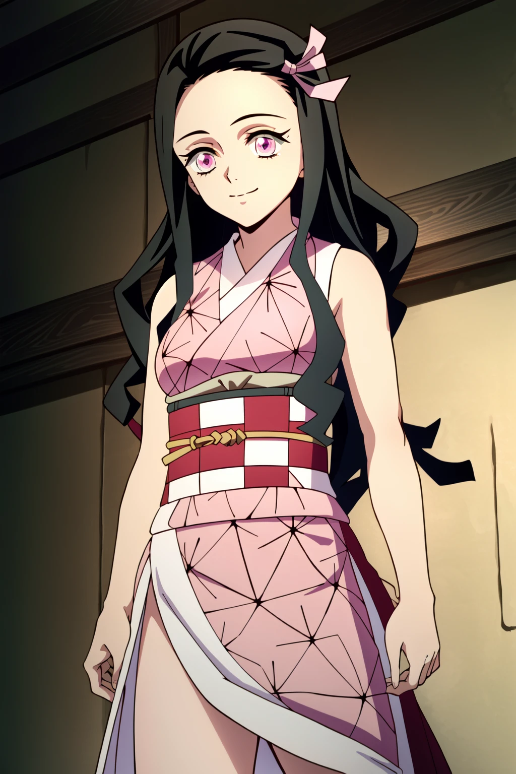 (extremely detailed CG unity 4k wallpaper),(masterpiece),(best quality),(ultra-detailed),(best illustration),(best shadow),(absurdres),(detailed background) <lora:OGT_Nezuko_Kamado-v1:1> Nezuko Kamado, 1girl, kamado nezuko, solo, long hair, japanese clothes, pink eyes, black hair, sleeveless, sleeveless kimono, pink kimono, ribbon, hair ribbon, upper body, pink ribbon, checkered sash, multicolored hair, medium breast, light smile, standing