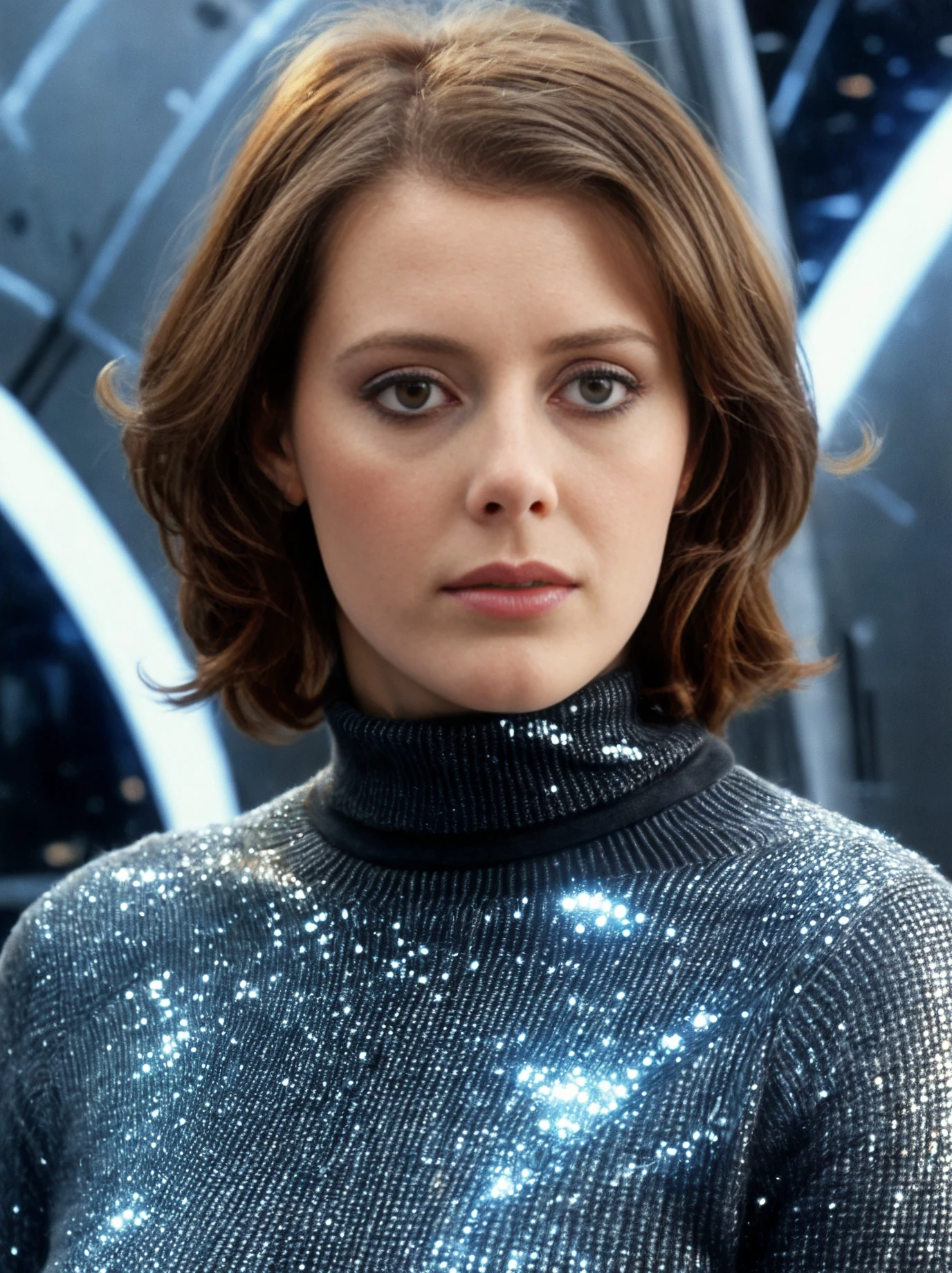 sci-fi style, Photorealism <lora:SylviaKristelSDXL-000008:1>, upper-body photo of SylviaKristelSDXL in turtleneck sweater, with scattered metallic fibers,, Photorealism, often for highly detailed representation, photographic accuracy, or visual illusion., futuristic, technological, space themes, advanced civilizations